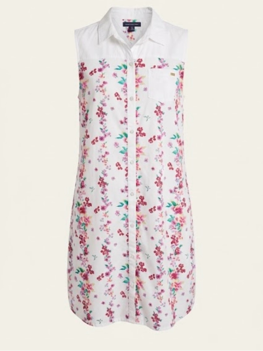 Tommy Hilfiger White Sleeveless Floral Shirt Dress with Pink & Teal Accents